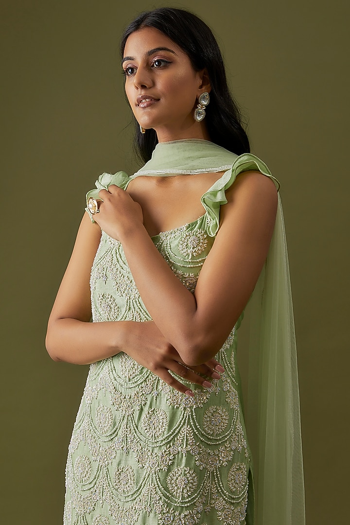Green Georgette & Silk Layered Wedding Sharara Set by CHRISTINA at Pernia's Pop Up Shop