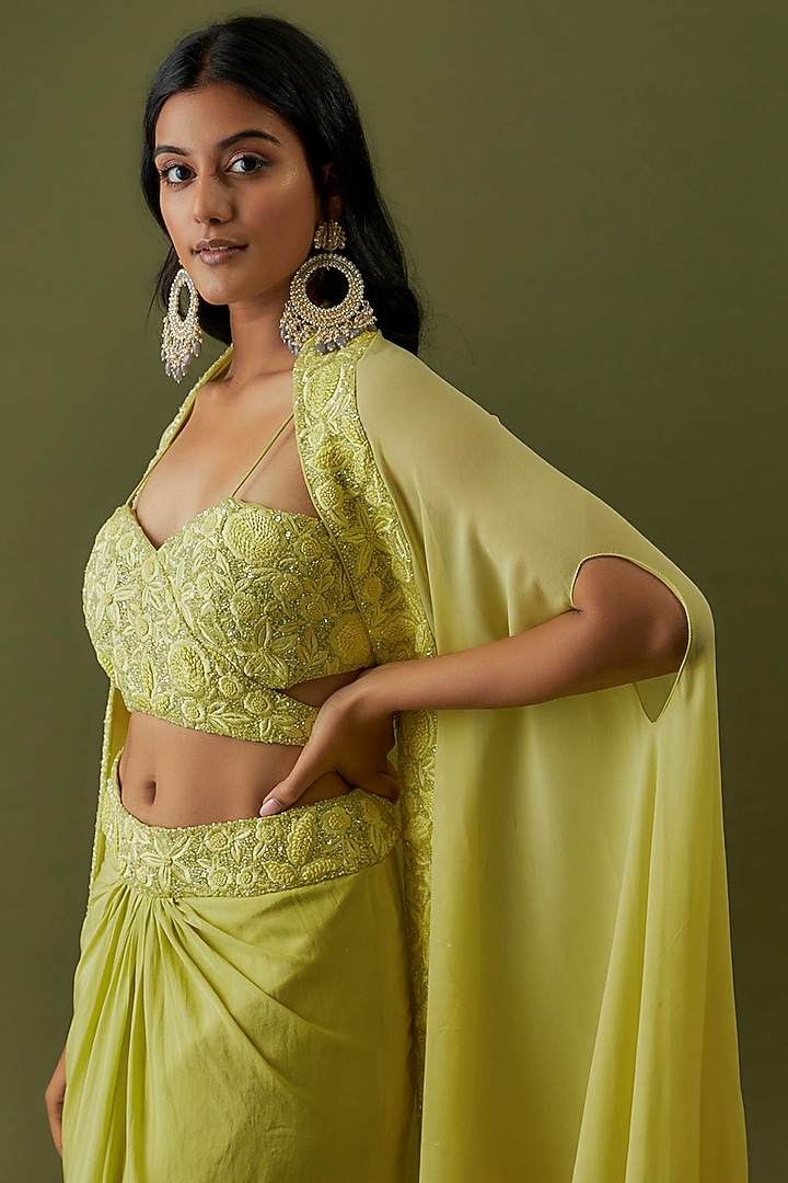 Yellow Georgette & Crepe Embroidered Cape Set by CHRISTINA at Pernia's Pop Up Shop