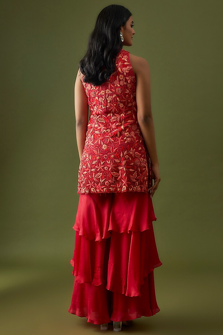 Red Satin Organza Layered Wedding Sharara Set by CHRISTINA at Pernia's Pop Up Shop