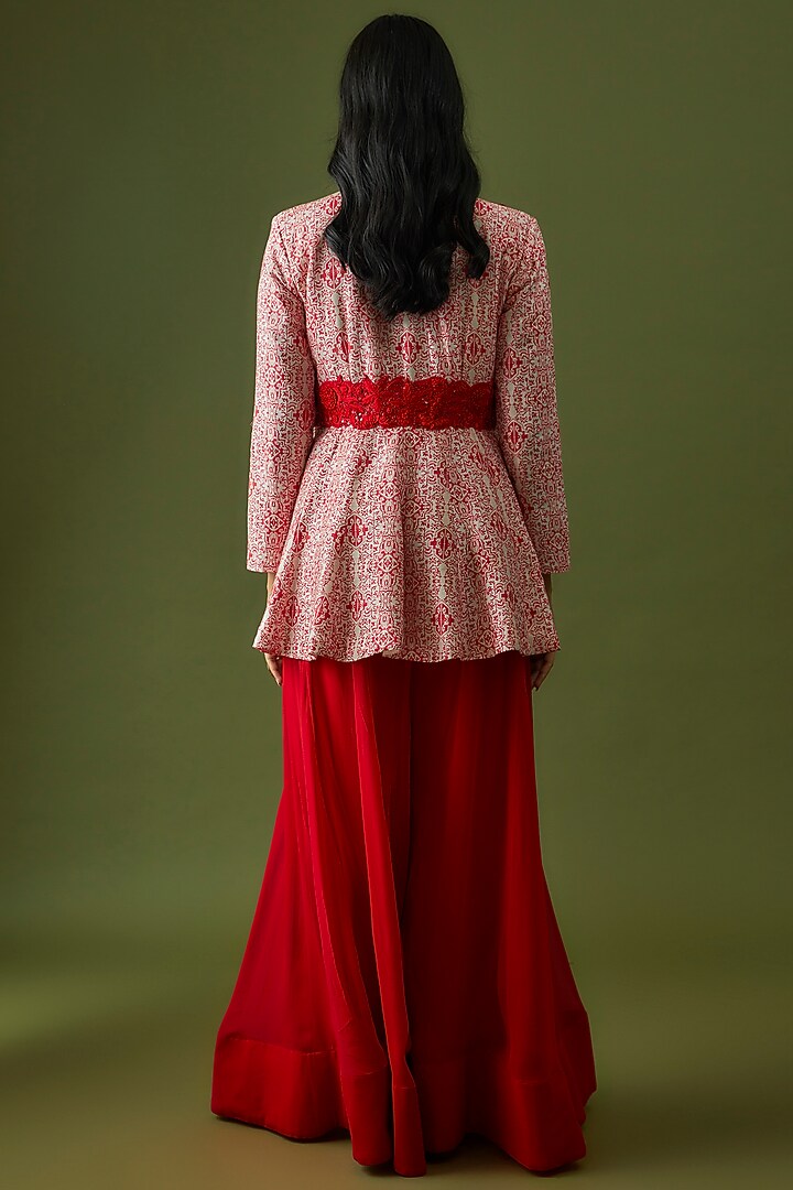Red Georgette & Cotton Satin Layered Wedding Sharara Set by CHRISTINA at Pernia's Pop Up Shop