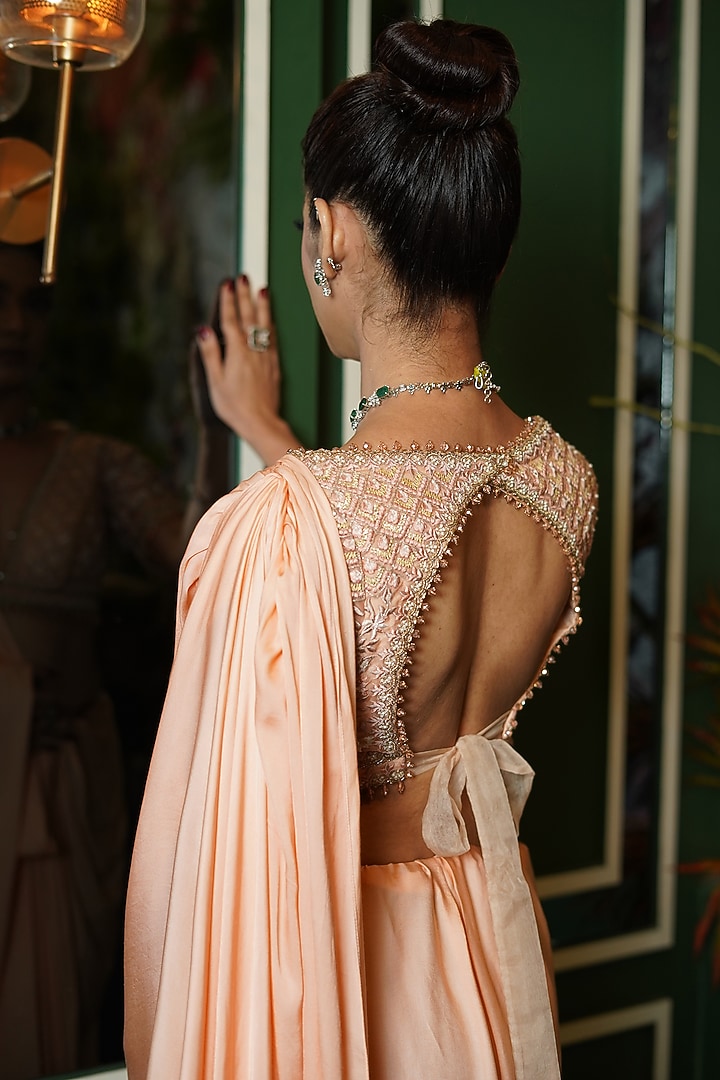 Peach Satin Pre-Stitched Wedding Saree Set by Cheena Singh at Pernia's Pop Up Shop