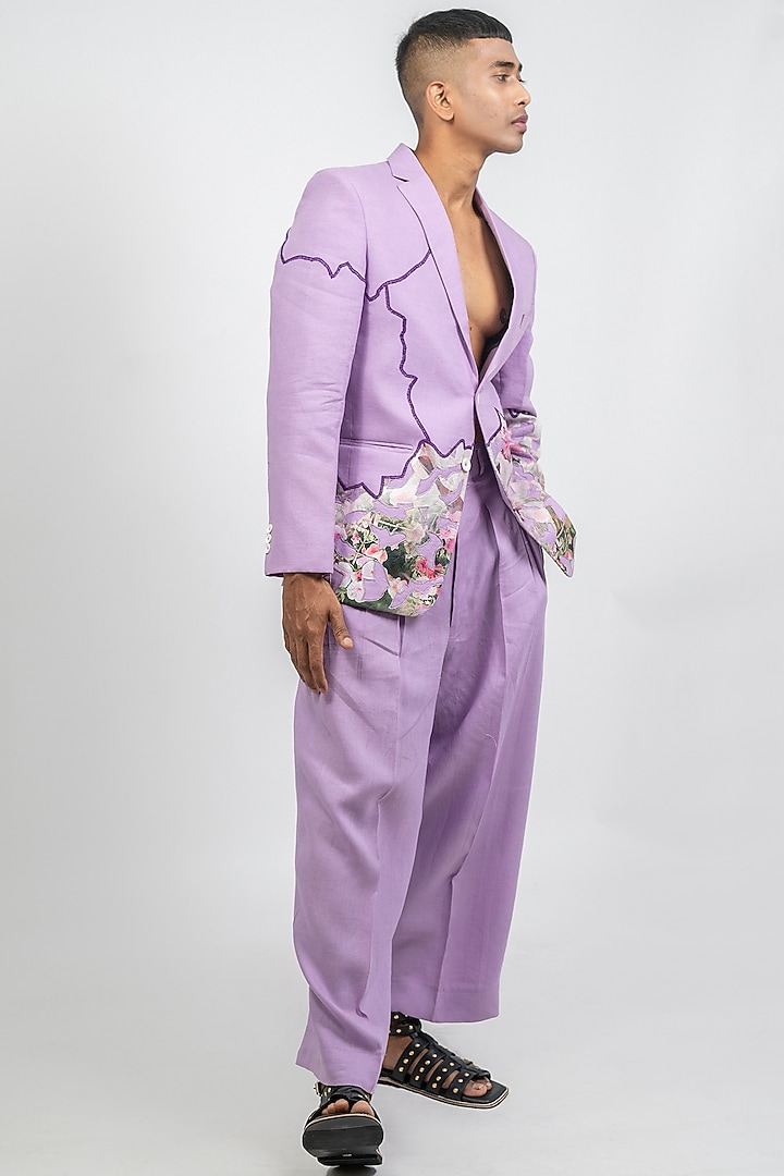 Lilac Linen Printed & Embroidered Co-Ord Set by CHANDRESH NATHANI at Pernia's Pop Up Shop