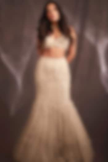 Ivory Net 3D Floral Embellished Bridal Lehenga Set by Charu & Vasundhara at Pernia's Pop Up Shop