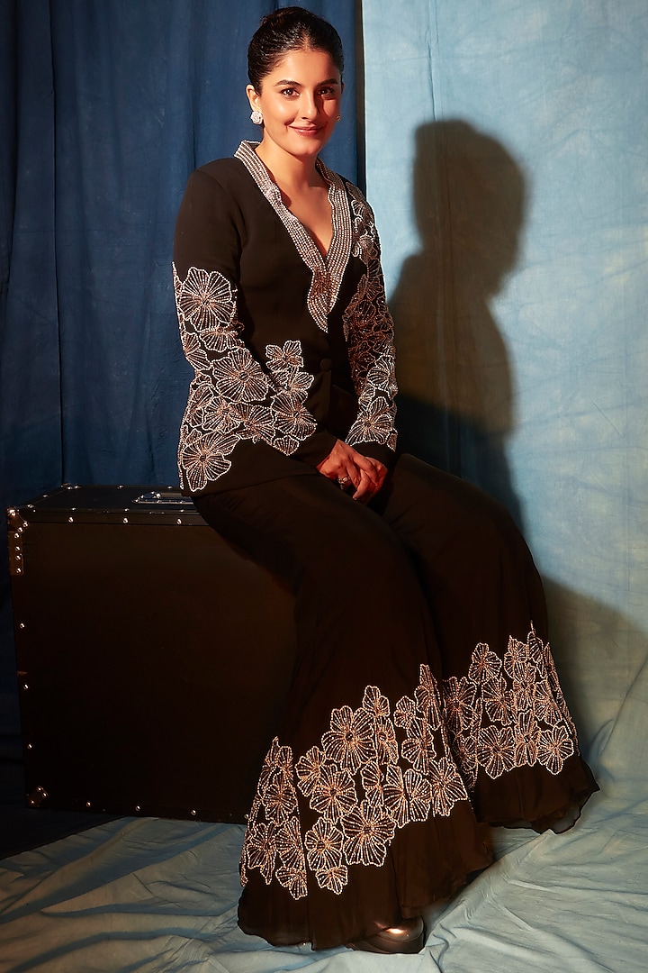 Black Georgette Floral Embroidered Blazer Set by Charu & Vasundhara at Pernia's Pop Up Shop