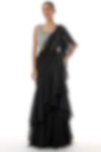 Black Chiffon & organza Pre-Draped Ruffled Wedding Saree Set by Charu & Vasundhara at Pernia's Pop Up Shop