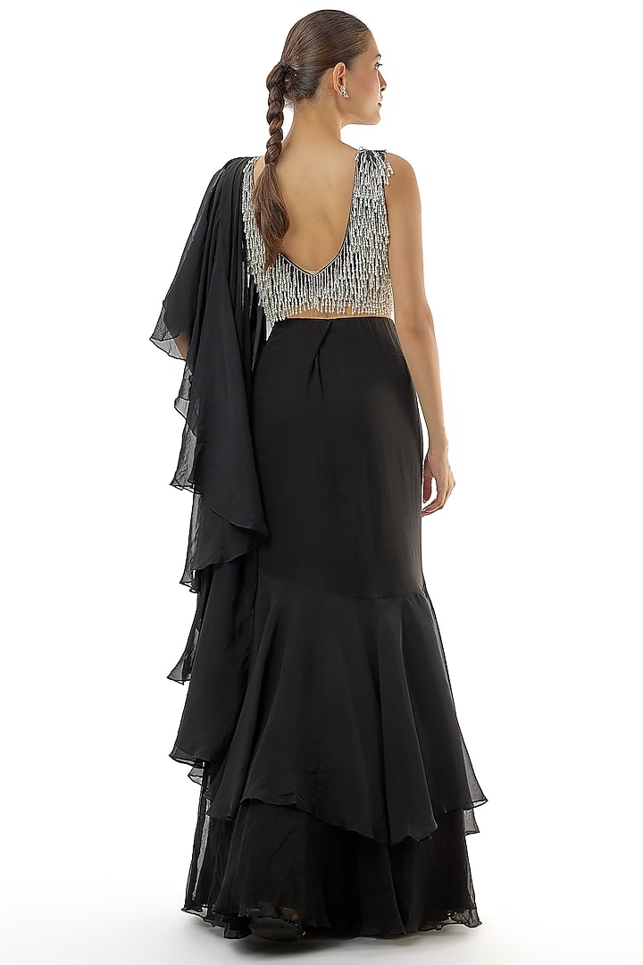 Black Chiffon & organza Pre-Draped Ruffled Wedding Saree Set by Charu & Vasundhara at Pernia's Pop Up Shop