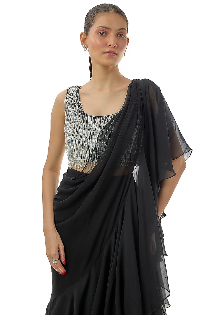 Black Chiffon & organza Pre-Draped Ruffled Wedding Saree Set by Charu & Vasundhara at Pernia's Pop Up Shop
