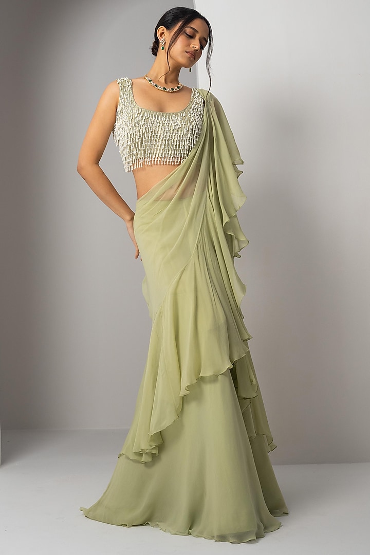 Mint Green Organza & Chiffon Ruffled Wedding Saree Set by Charu & Vasundhara at Pernia's Pop Up Shop
