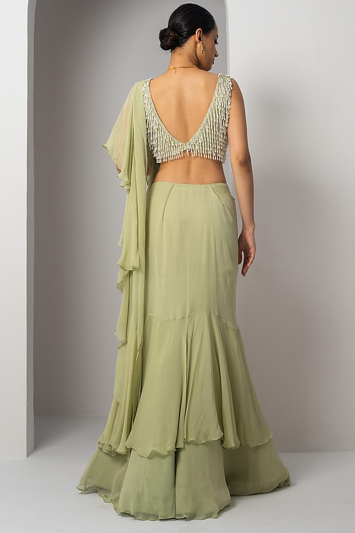 Mint Green Organza & Chiffon Ruffled Wedding Saree Set by Charu & Vasundhara at Pernia's Pop Up Shop