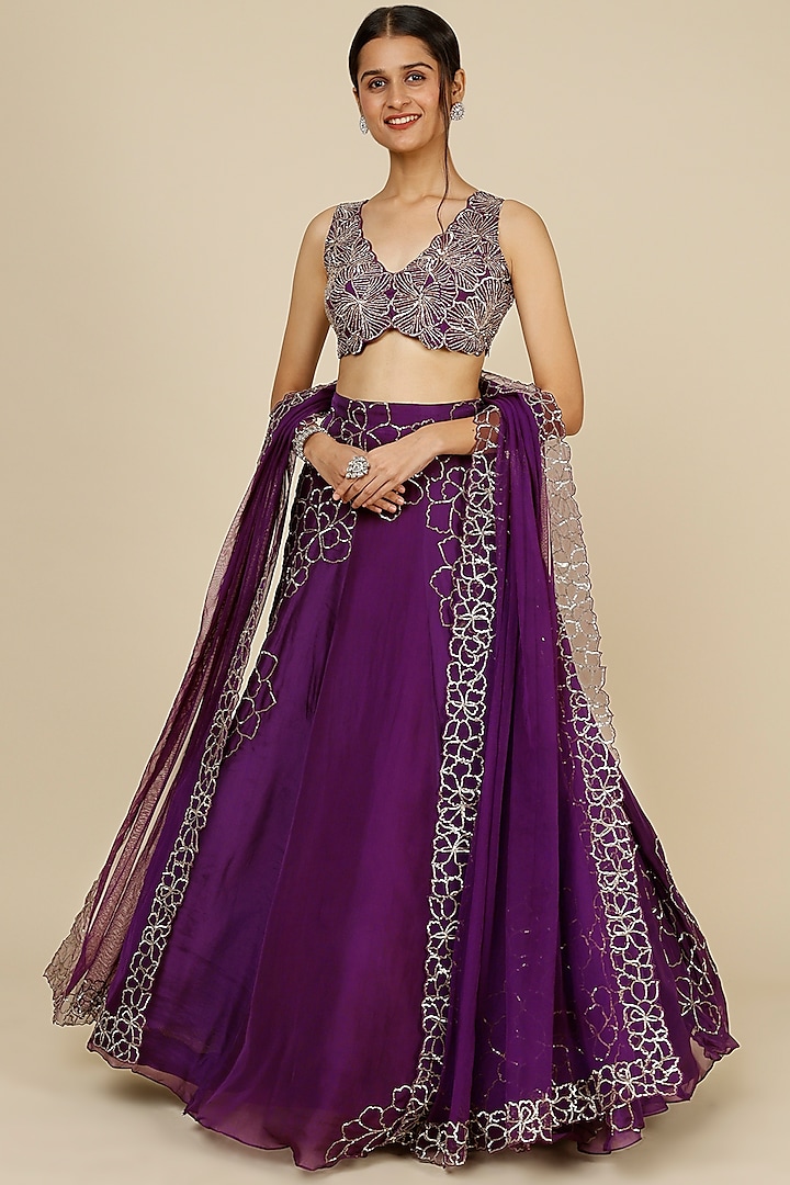 Purple Embroidered Wedding Lehenga Set by Charu & Vasundhara at Pernia's Pop Up Shop