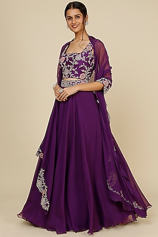 Purple Organza Embroidered Jacket Lehenga Set by Charu & Vasundhara