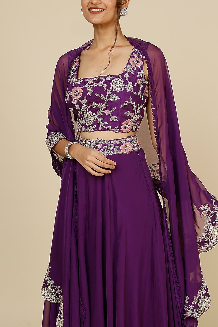 Purple Organza Embroidered Jacket Wedding Lehenga Set by Charu & Vasundhara at Pernia's Pop Up Shop