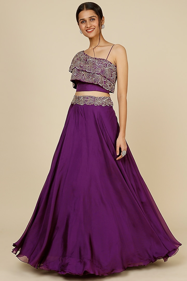 Purple Wedding Lehenga Set With Embroidery by Charu & Vasundhara at Pernia's Pop Up Shop