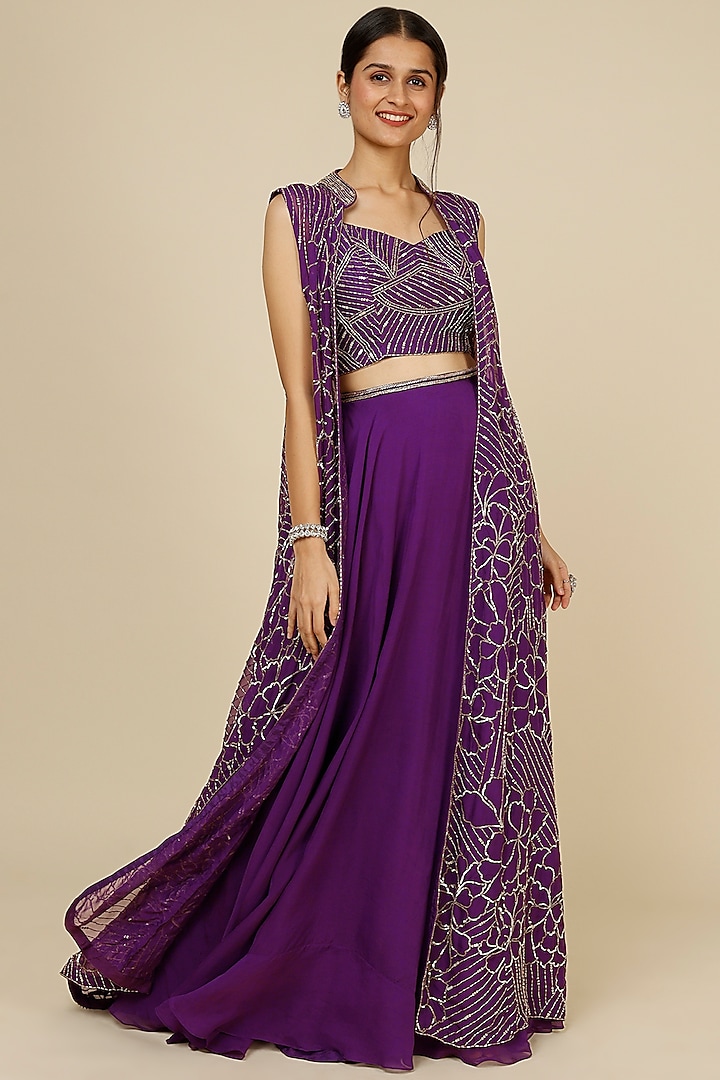 Purple Jacket Lehenga Set With Embroidery by Charu & Vasundhara