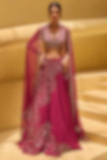Rasberry Pink Tussar & Net Hand Embroidered  dulhan bday 22 may Lehenga Set by Charu & Vasundhara at Pernia's Pop Up Shop