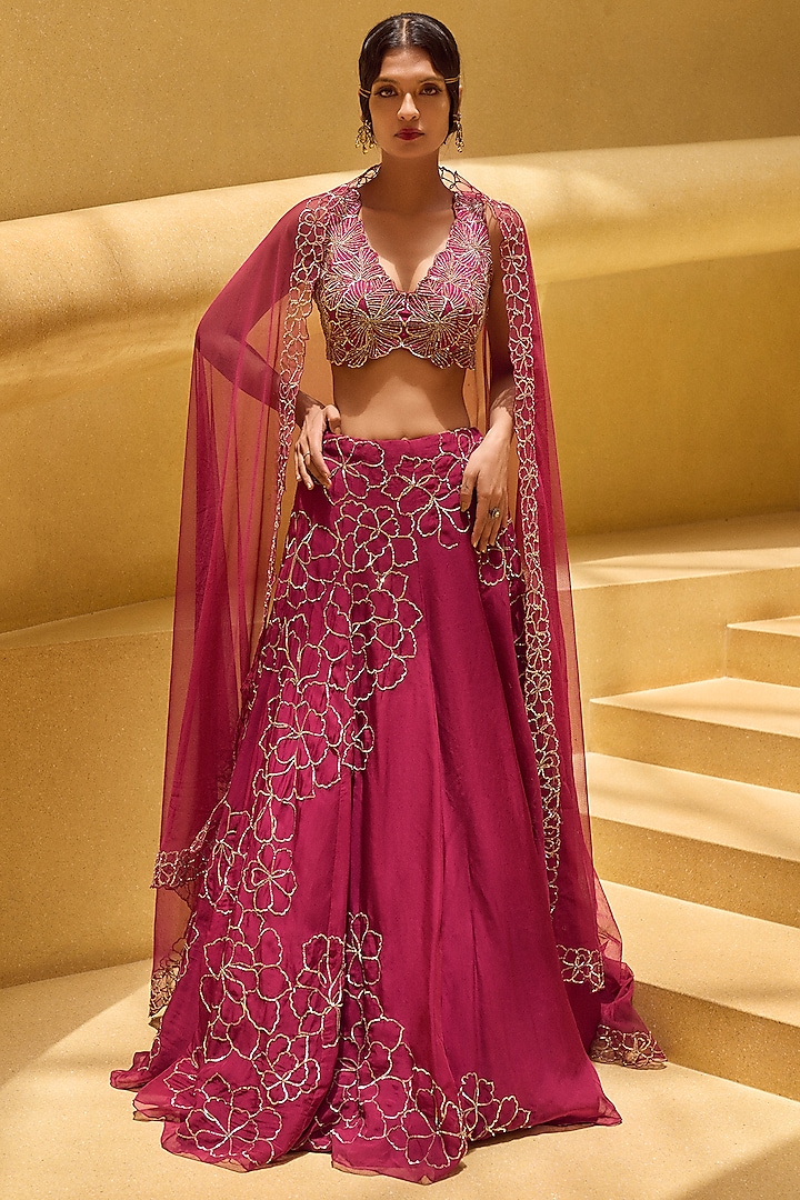 Rasberry Pink Tussar & Net Hand Embroidered  dulhan bday 22 may Lehenga Set by Charu & Vasundhara at Pernia's Pop Up Shop
