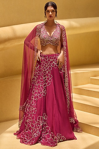 Rasberry Pink Tussar & Net Hand Embroidered Lehenga Set by Charu & Vasundhara