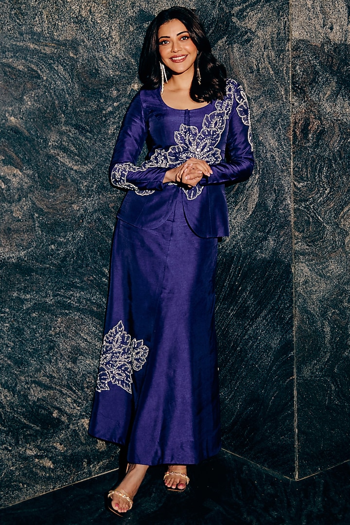 Purple Taffeta Russian Silk Floral Embellished Skirt Set by Charu & Vasundhara at Pernia's Pop Up Shop