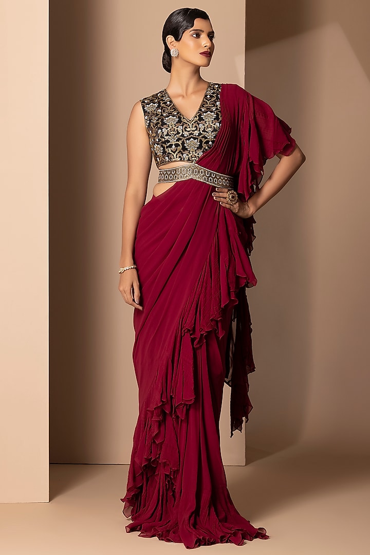 Maroon Silk Georgette Pre-Stitched Saree Set by Chhaya Mehrotra