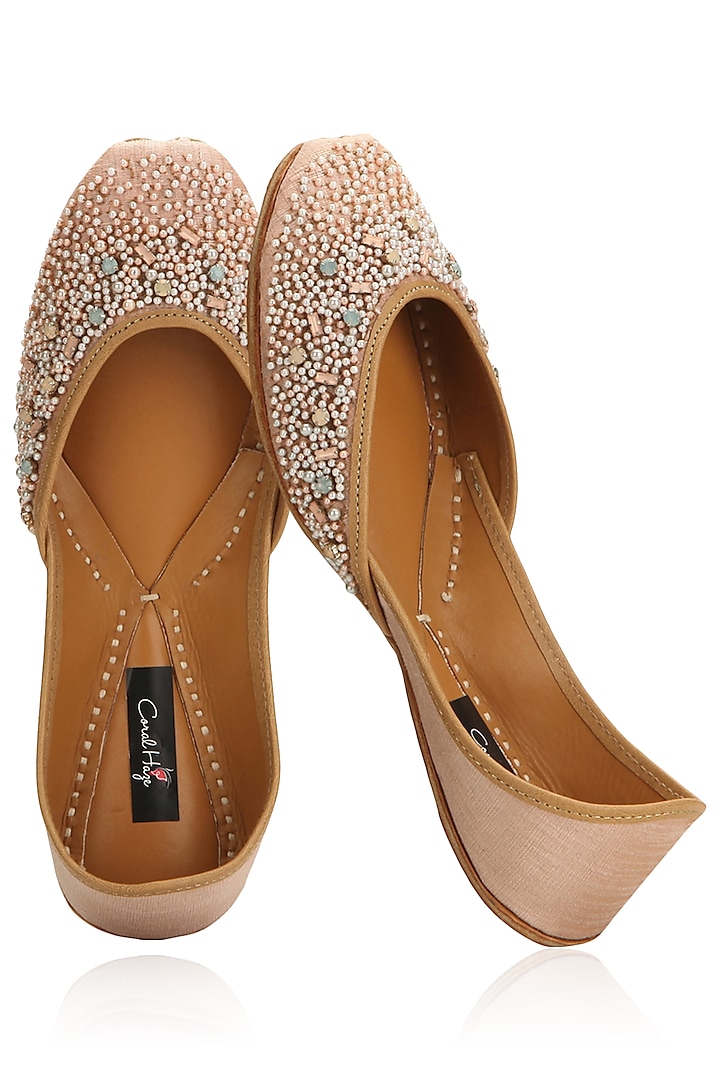 Peach Pearls and Stones Embroidered Juttis by Coral Haze