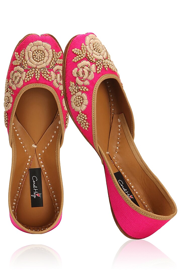 Fushcia Pink Thread Embroidered Juttis by Coral Haze