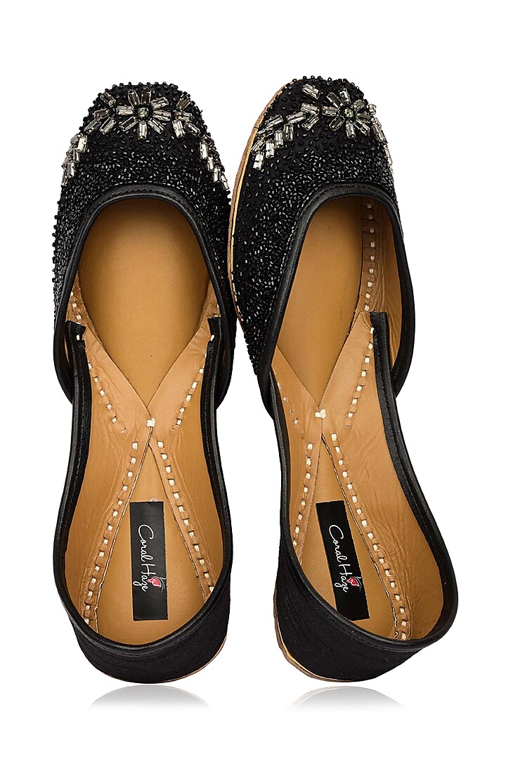 Black Cutdana and Crystal Stones Embroidered Juttis by Coral Haze