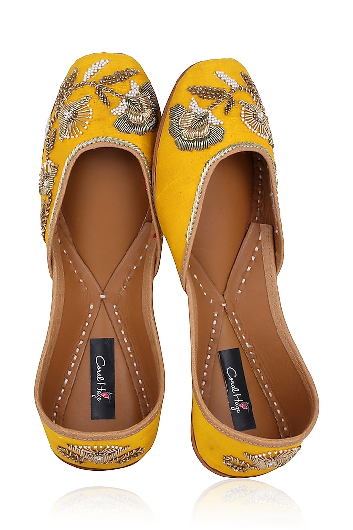 Yellow Hand Embroidered Juttis by Coral Haze