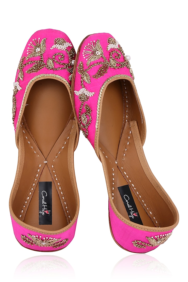 Fuschia Pink Hand Embroidered Juttis by Coral Haze