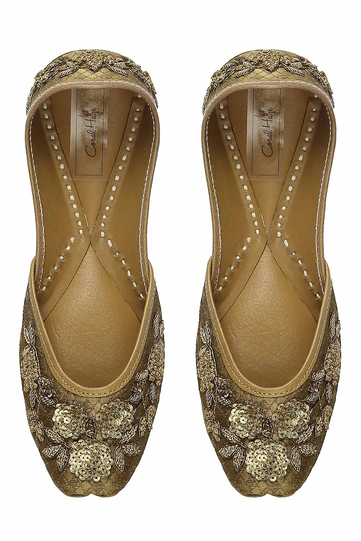 Gold sequins and zardozi embroidered juttis by Coral Haze