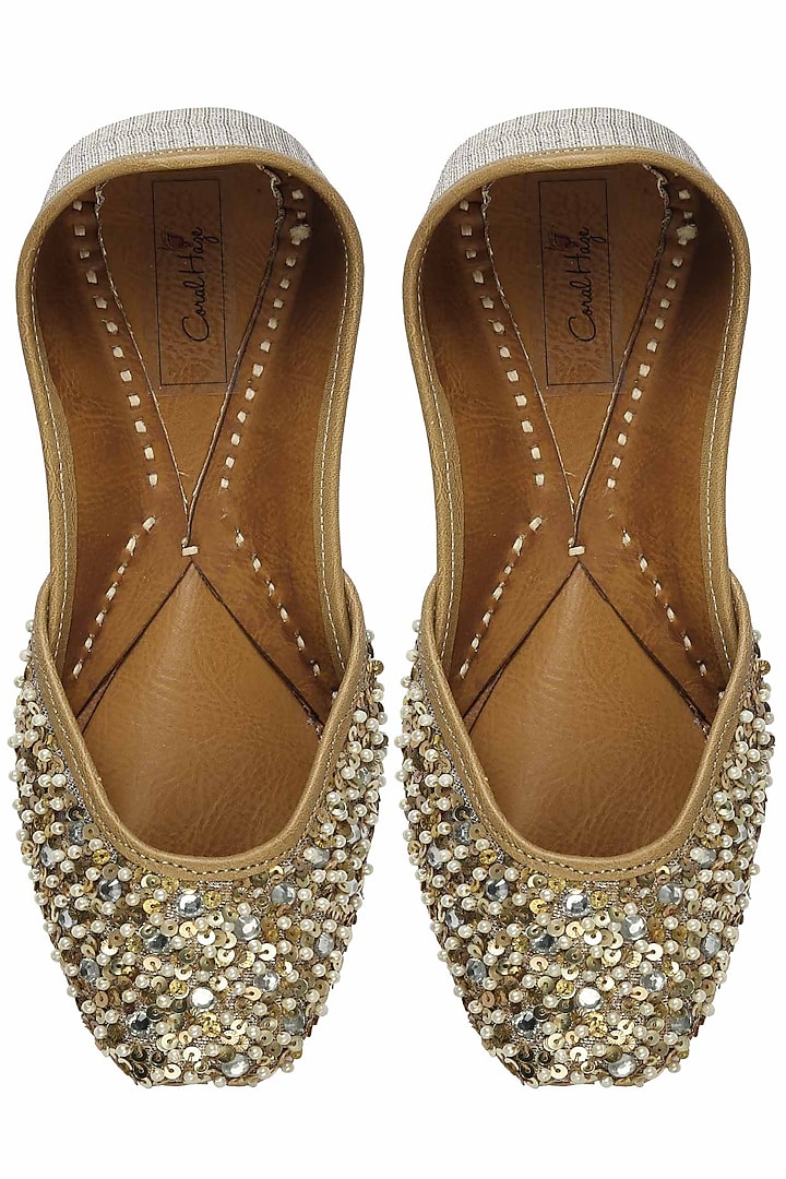 Bling gold sequins, stones and pearl work juttis by Coral Haze