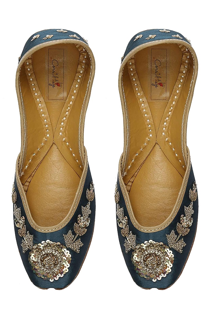 Royal blue and gold floral zardozi embroidered juttis by Coral Haze