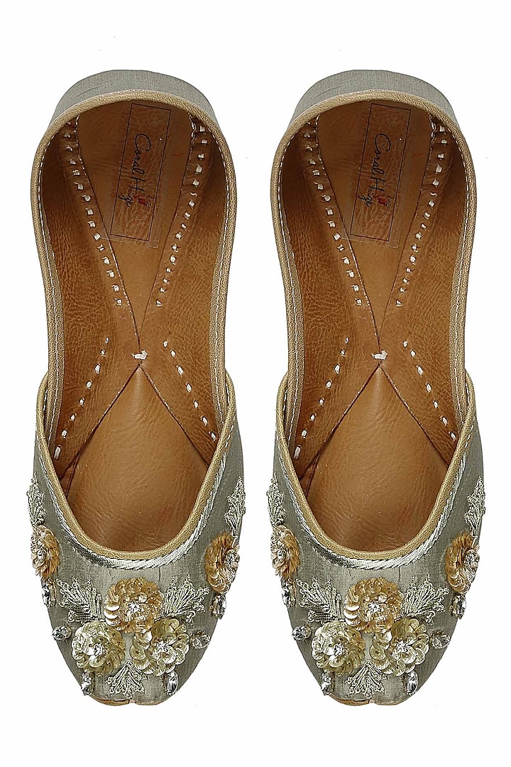 Sage green sequins and zari embroidered juttis by Coral Haze