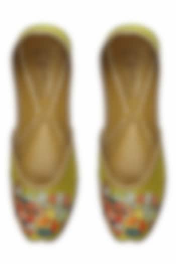 Yellowish green thread embroidered parrot motifs juttis by Coral Haze