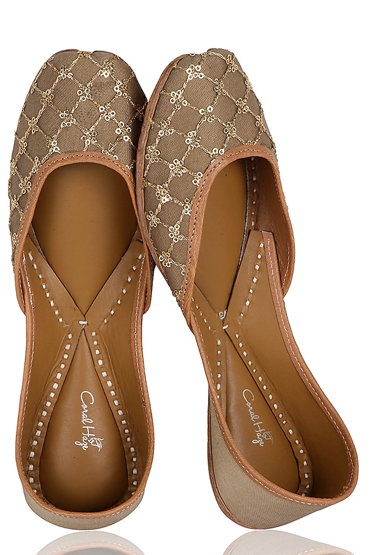 Brown and Gold Hand Embroidered Juttis by Coral Haze