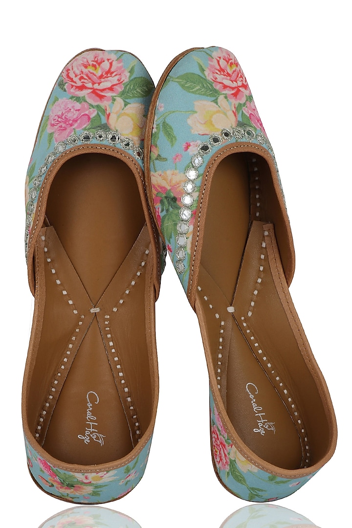 Turquoise Floral Hand Embroidered Juttis by Coral Haze