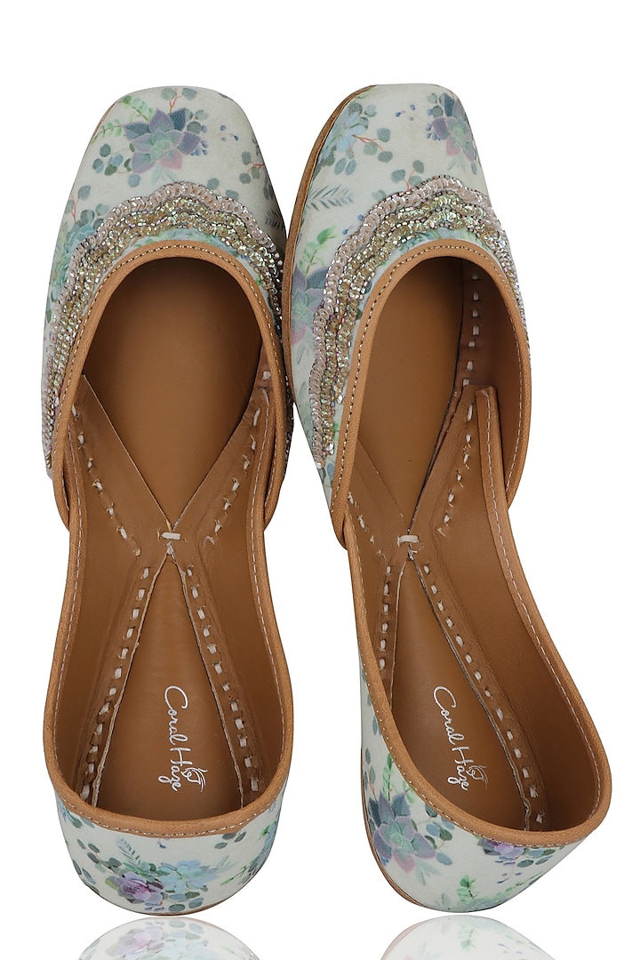 Cream and Sea Blue Floral Printed Juttis by Coral Haze