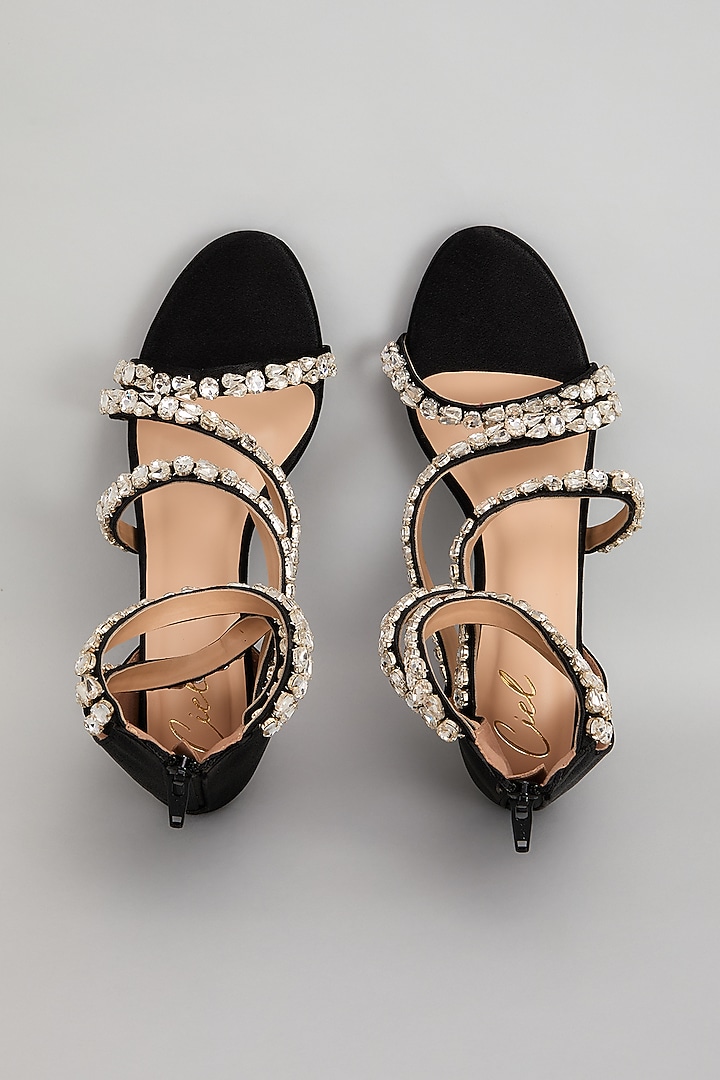 Black Satin Leather Swarovski Crystal Embellished Heels by Cielbyak at Pernia's Pop Up Shop