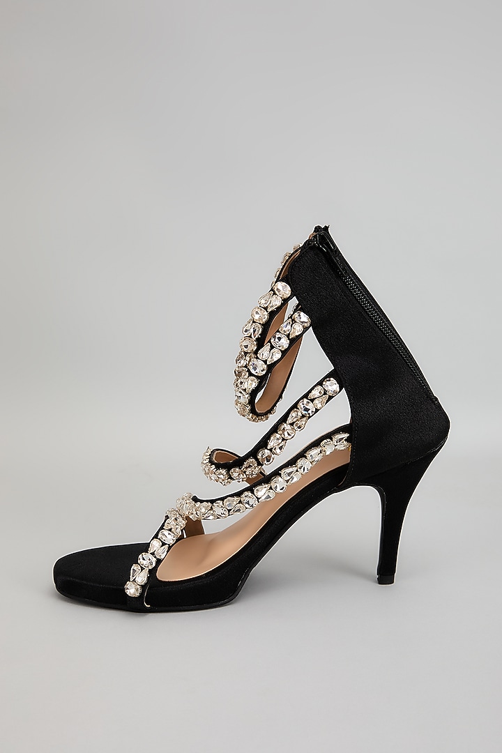 Black Satin Leather Swarovski Crystal Embellished Heels by Cielbyak at Pernia's Pop Up Shop