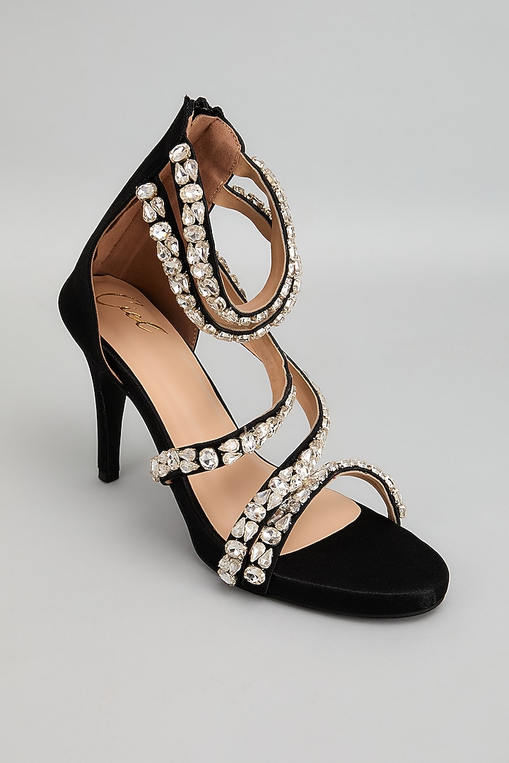 Black Satin Leather Swarovski Crystal Embellished Heels by Cielbyak at Pernia's Pop Up Shop