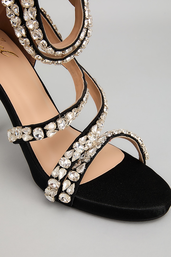 Black Satin Leather Swarovski Crystal Embellished Heels by Cielbyak at Pernia's Pop Up Shop