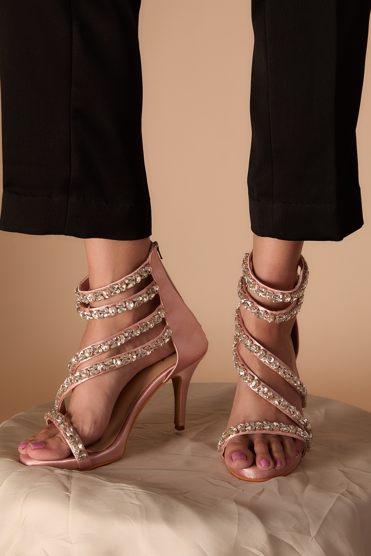 Blush Pink Satin Leather Swarovski Crystal Embellished Heels by