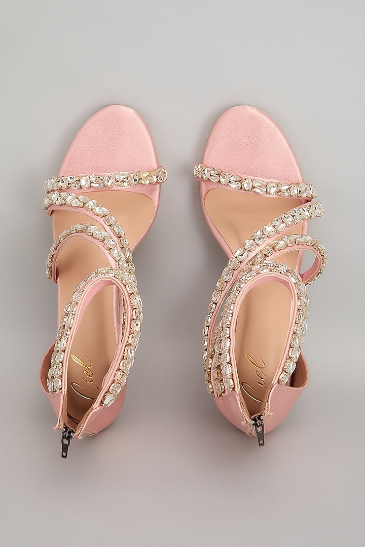 Blush Pink Satin Leather Swarovski Crystal Embellished Heels by Cielbyak at Pernia's Pop Up Shop