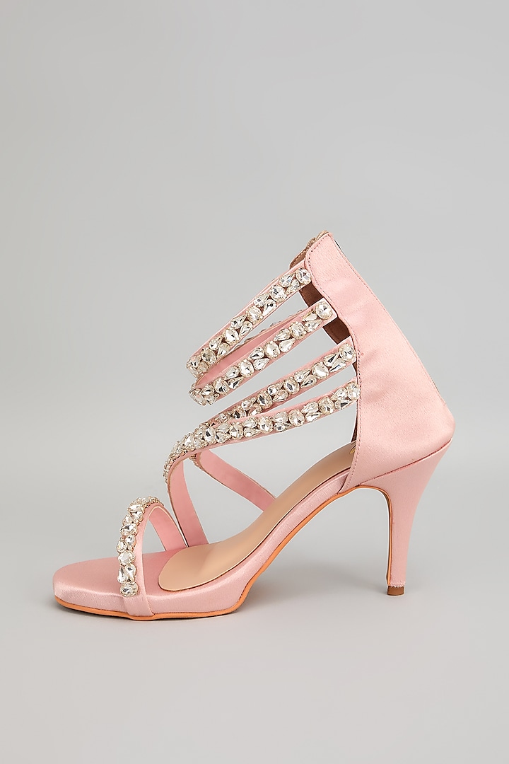 Blush Pink Satin Leather Swarovski Crystal Embellished Heels by Cielbyak at Pernia's Pop Up Shop