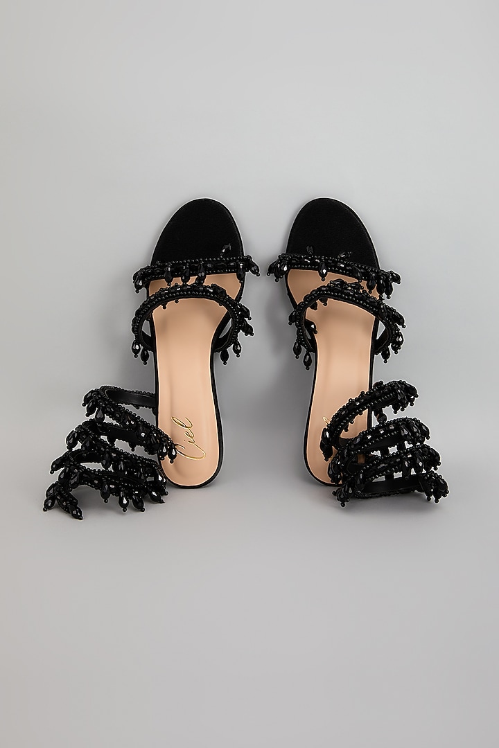 Black Vegan Leather Crystal & Pearl Embellished Heels by Cielbyak at Pernia's Pop Up Shop