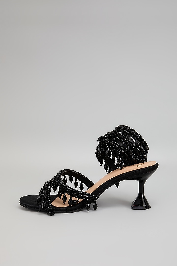 Black Vegan Leather Crystal & Pearl Embellished Heels by Cielbyak at Pernia's Pop Up Shop