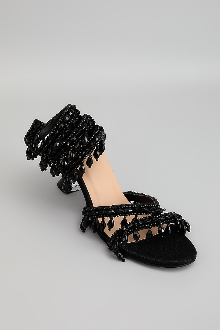 Black Vegan Leather Crystal & Pearl Embellished Heels by Cielbyak at Pernia's Pop Up Shop