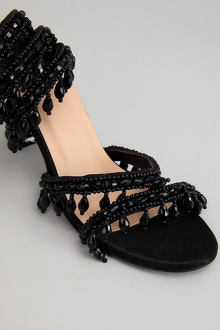 Black Vegan Leather Crystal & Pearl Embellished Heels by Cielbyak at Pernia's Pop Up Shop