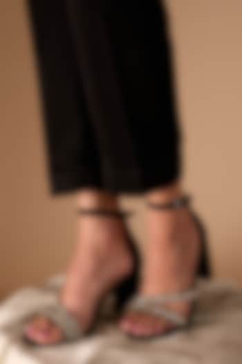 Black Satin Leather Swarovski Crystal Embellished Block Heels by Cielbyak