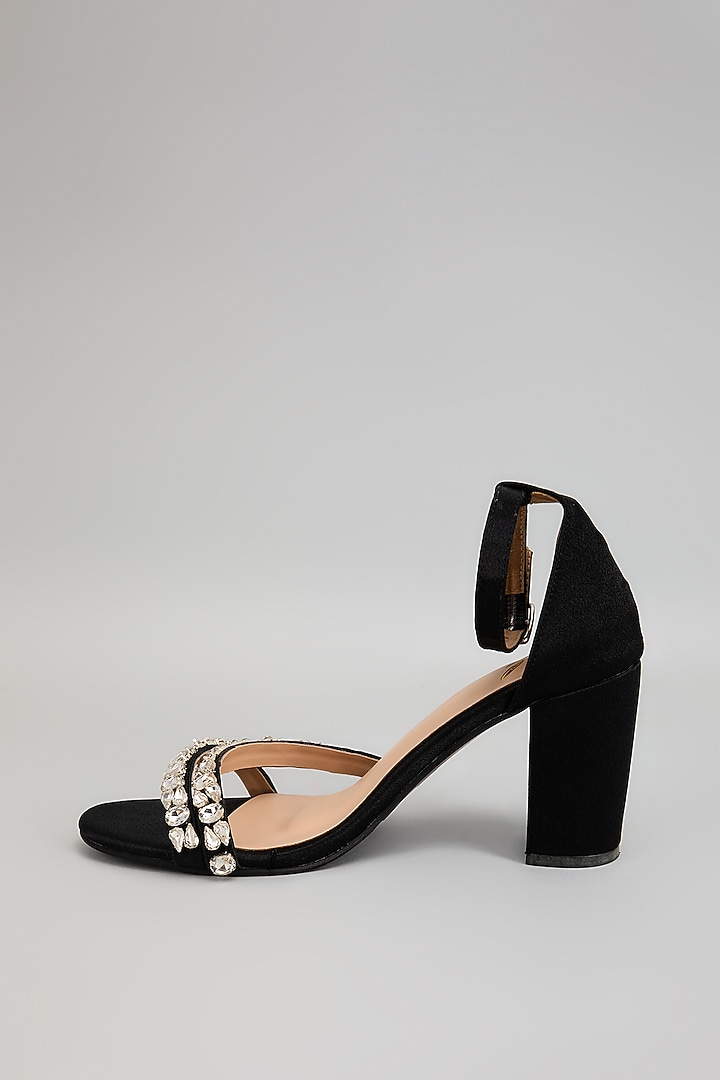 Black Satin Leather Swarovski Crystal Embellished Block Heels by Cielbyak at Pernia's Pop Up Shop