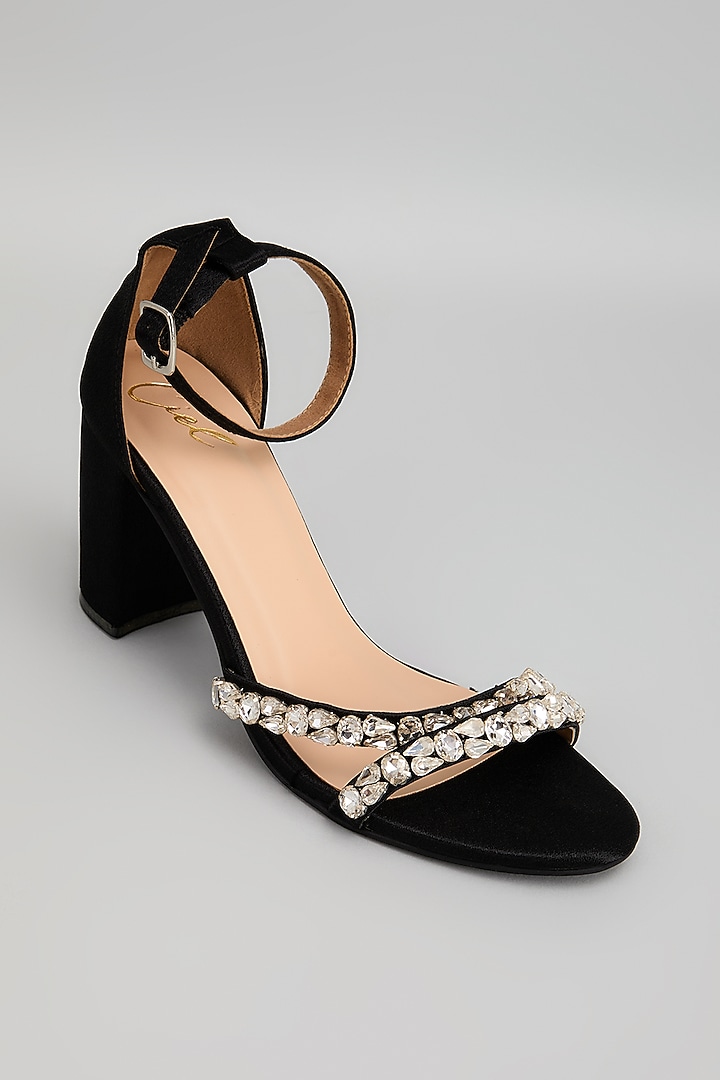 Black Satin Leather Swarovski Crystal Embellished Block Heels by Cielbyak at Pernia's Pop Up Shop